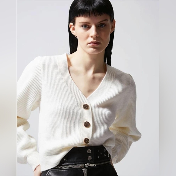 The Kooples Rib Merino Wool Cardigan in Cream - Picture 11 of 16